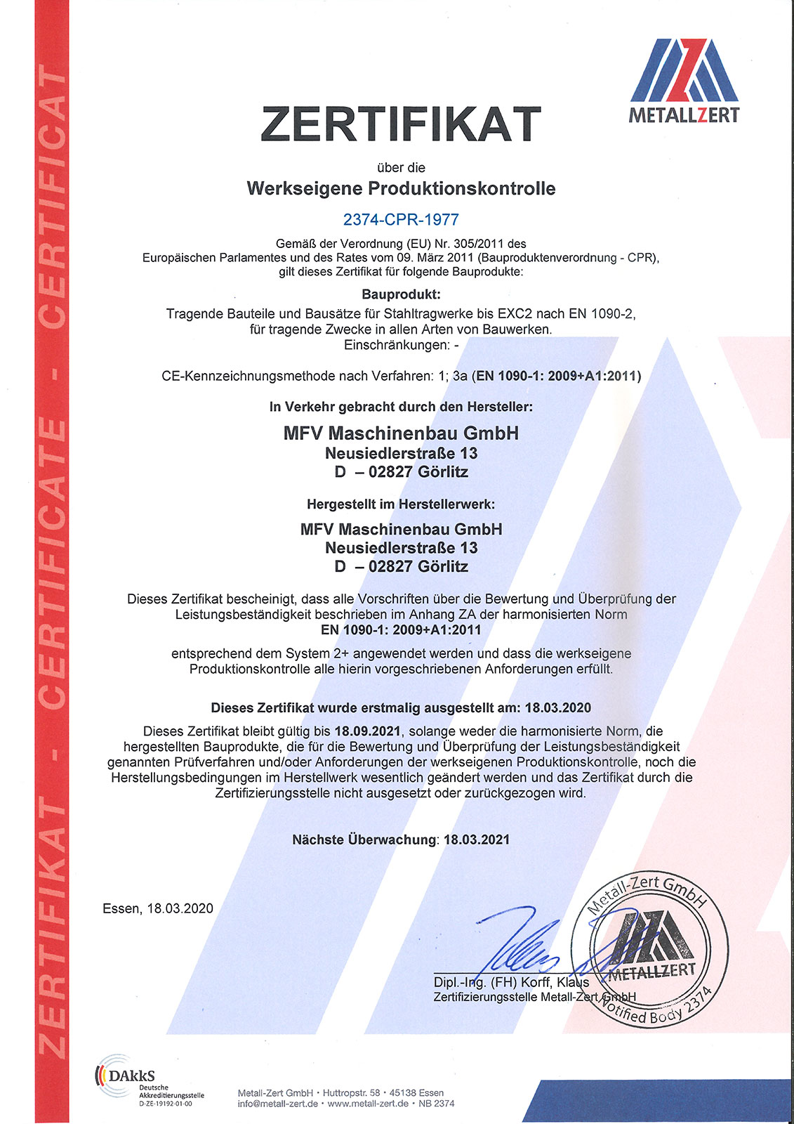 Zertifikat über die werkseigene Produktionskontrolle