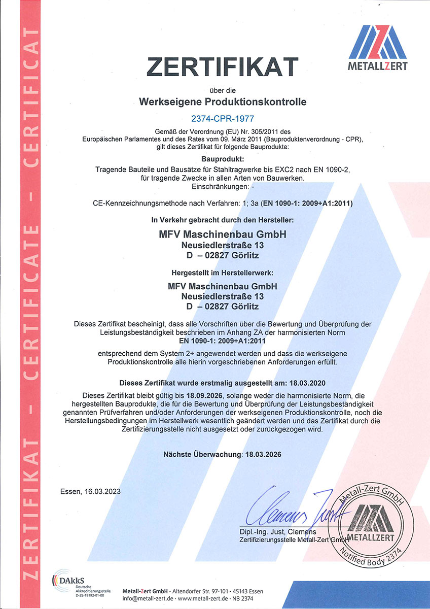 Zertifikat über die werkseigene Produktionskontrolle