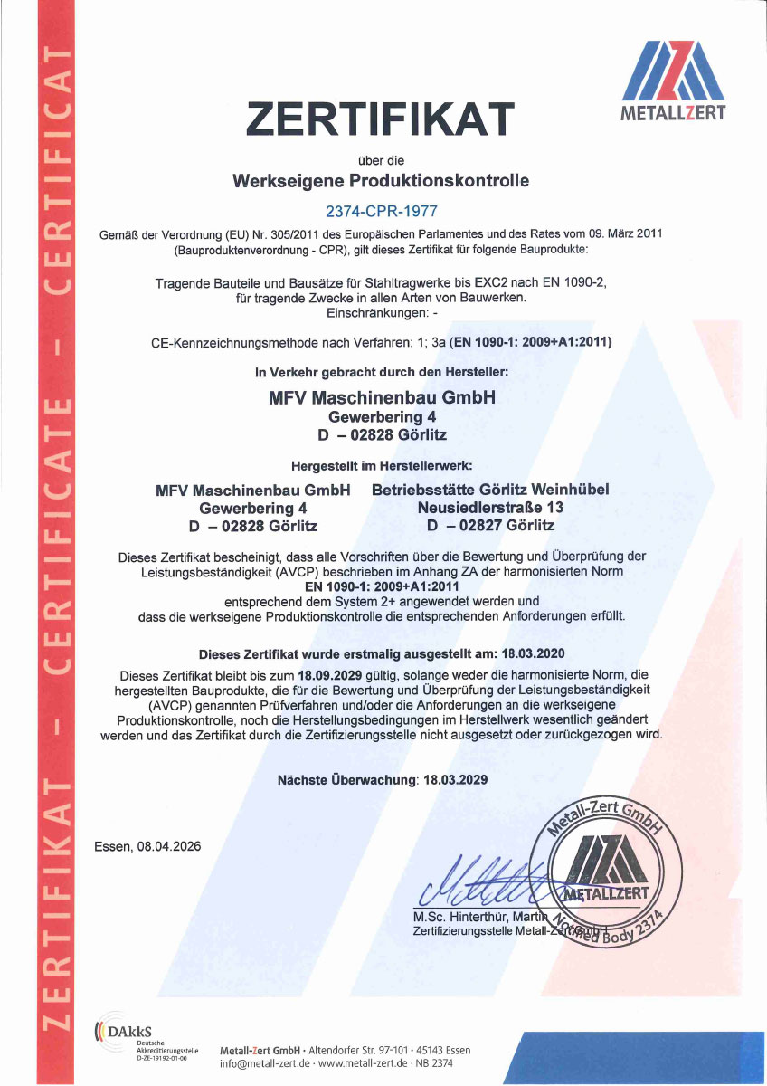 Zertifikat über die werkseigene Produktionskontrolle (PDF)